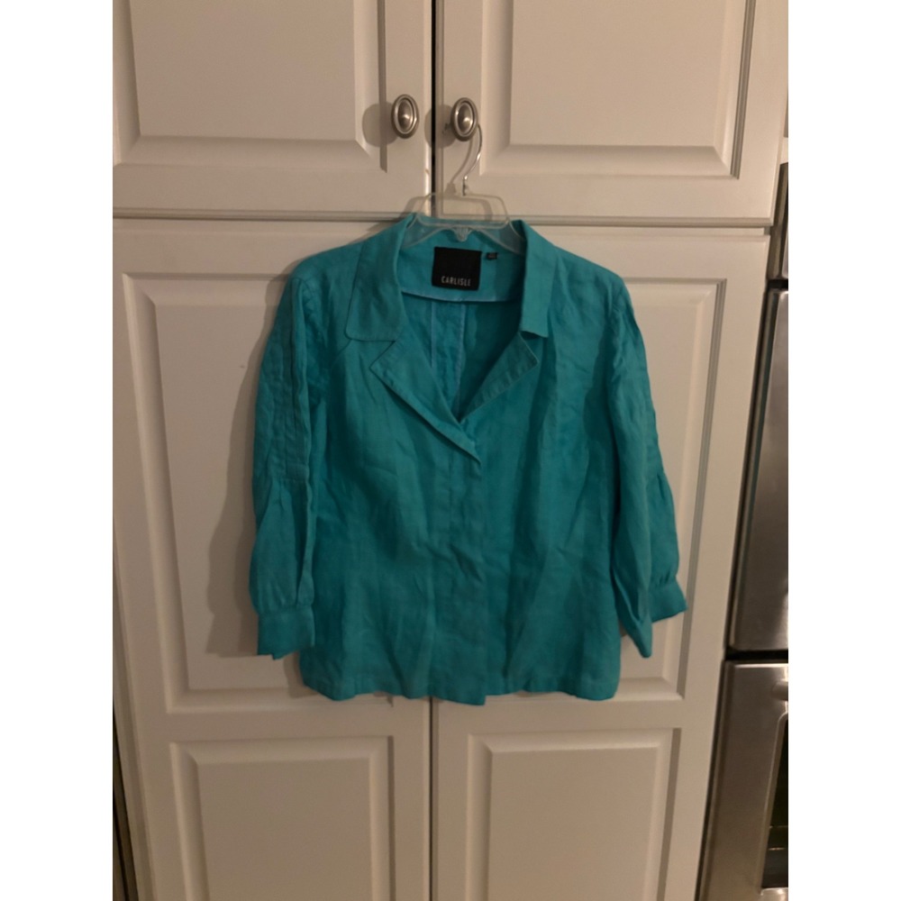 Carlisle Womens Turquoise Blue 100% Linen 3/4 Sleeve Button Front Blazer Size 12
